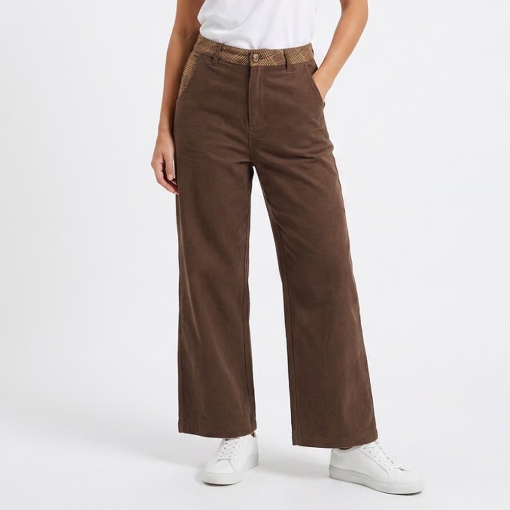 Pols Brown Plaid Trim Cotton Straight Leg Trousers Mens Size Small